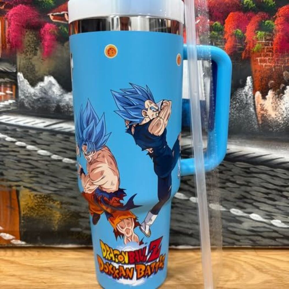 Dragon Ball–Inspired Blue 40 oz Tumbler with Handle & Straw